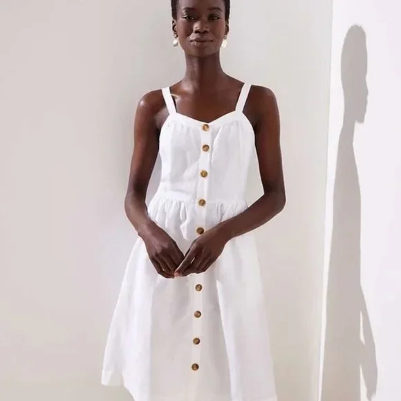 button down flare dress Sage Green Linen Button-Down Dress, Lapel Collar, Cap Sleeves main image 1
